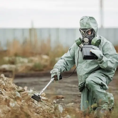 Engineer monitoring radioactivity in an area of ​​Chernobyl